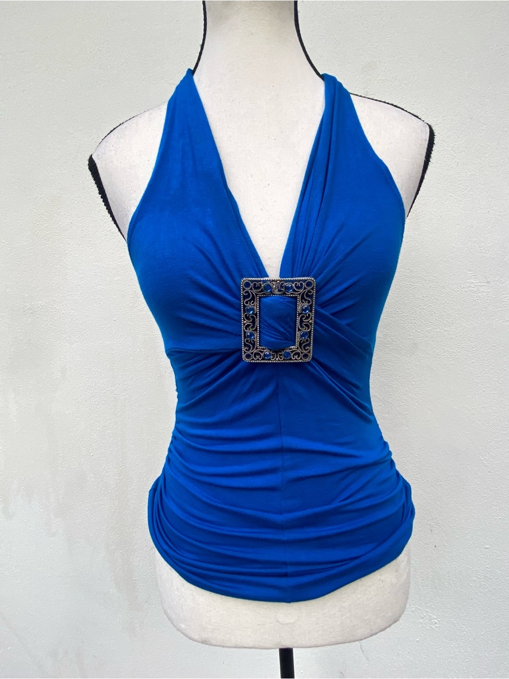 Y2K Blue Rhinestone Buckle Embellished Halter Top Size Small - Picture 2 of 6